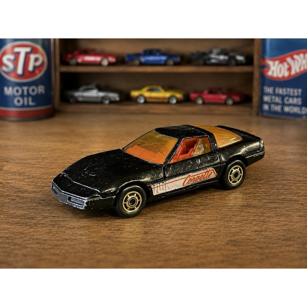 1982 Hot Wheels 80s Corvette Black Gold Wheels Opening Hood 1:64 Diecast VG
